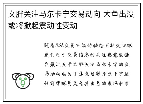 文胖关注马尔卡宁交易动向 大鱼出没或将掀起震动性变动